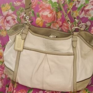 Vintage Coach Cream and Taupe Large Leather Shoulder Bag